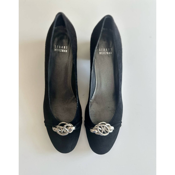 Stuart Weitzman Black Suede Block Heel Silver Decal Sz. 8N - Picture 5 of 7